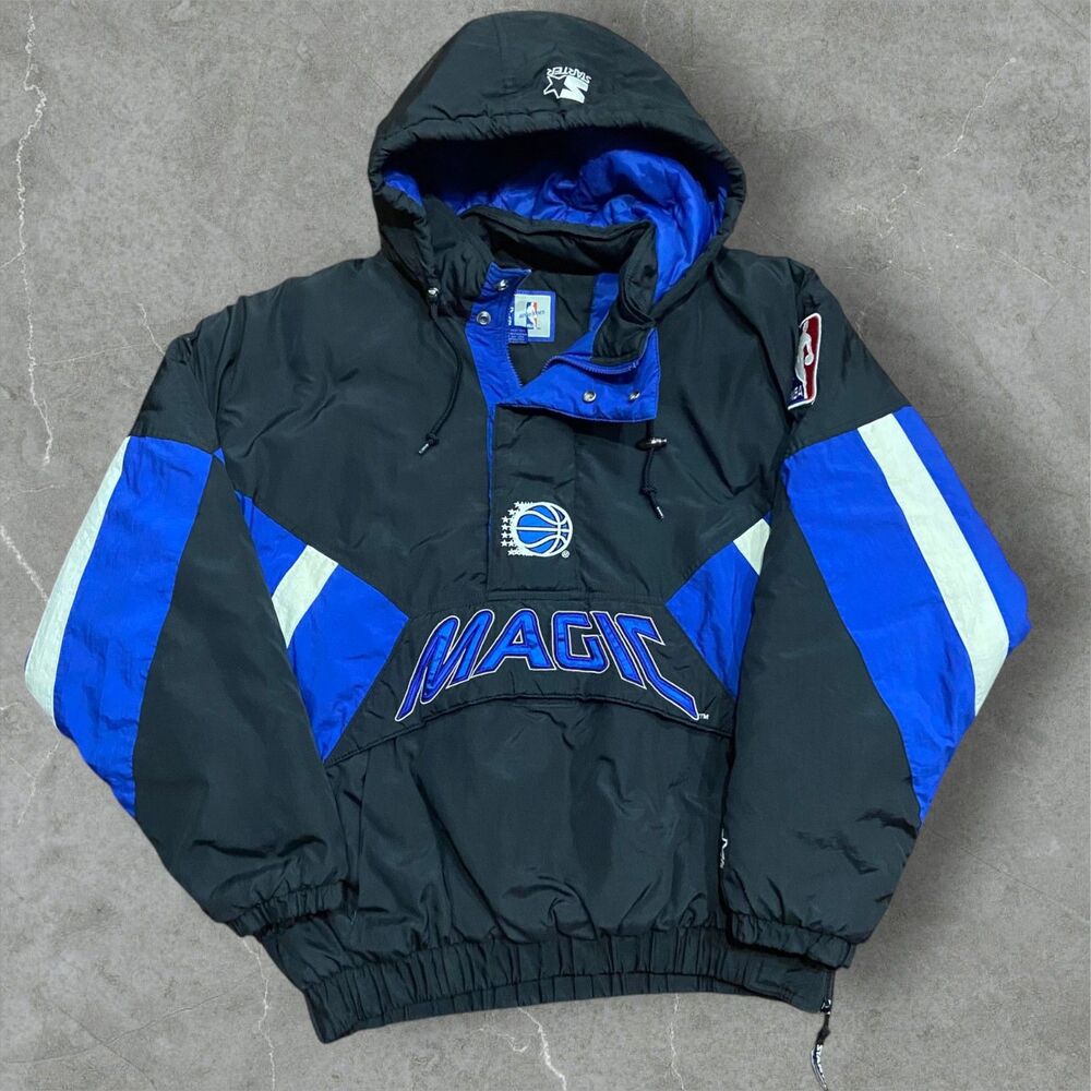 STARTER Vintage 90s NBA Orlando Magic Anorak Puffer Jacket Black Blue Mens Large